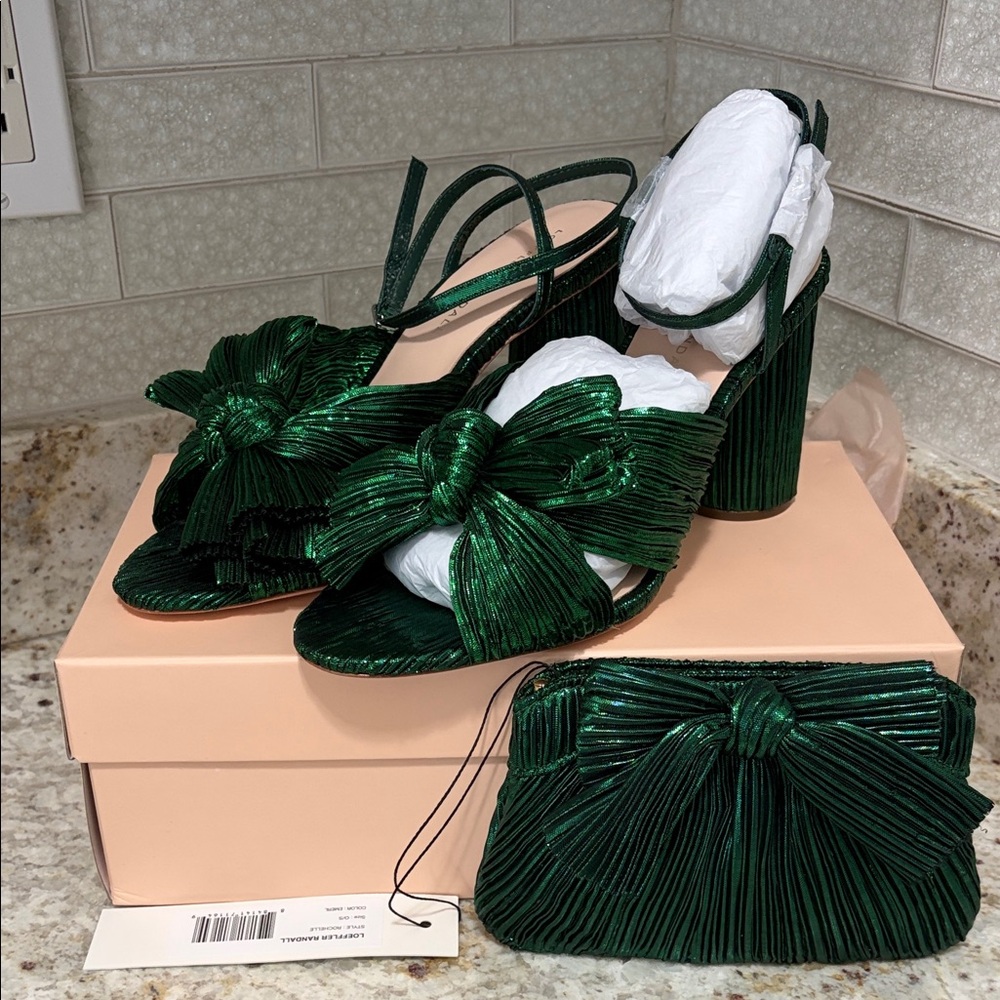 Emerald Green Pleated Bow Block Heel Sandals with Matching Clutch